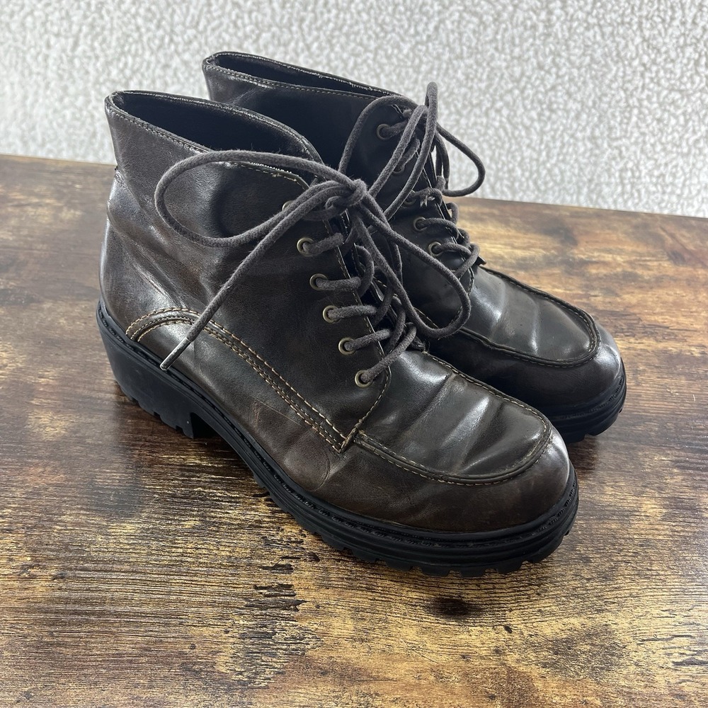 VTG Union Bay Womens 7.5 Chunky Platform Combat Faux Leather Boots 90s Y2K Brown